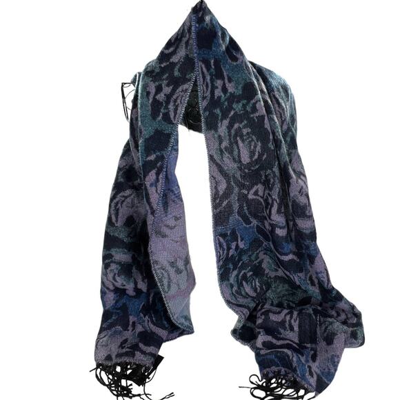 Steve Madden Blue Multi Floral Scarf Raw Edge Tassel L75" X W21"  Fringe 4" - Picture 3 of 12